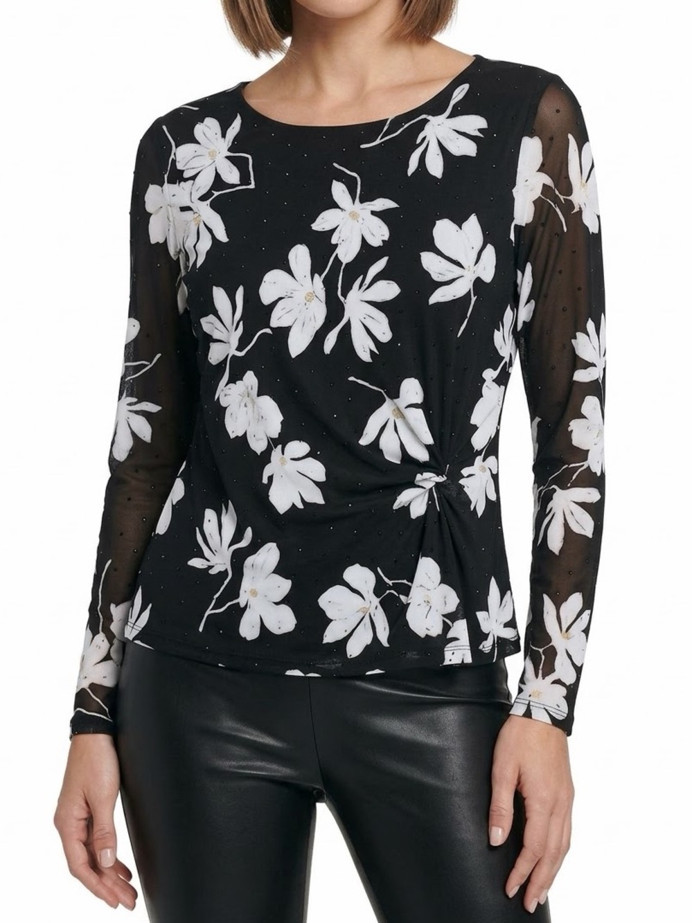 Tahari floral studded black & white blouse long sleeved sheer fabric large NWT
